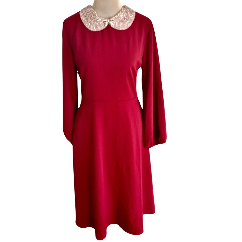 NEW Sequined Beaded Jewelede Bow Retro Midi Dress Balloon Sleeve 50's Look L